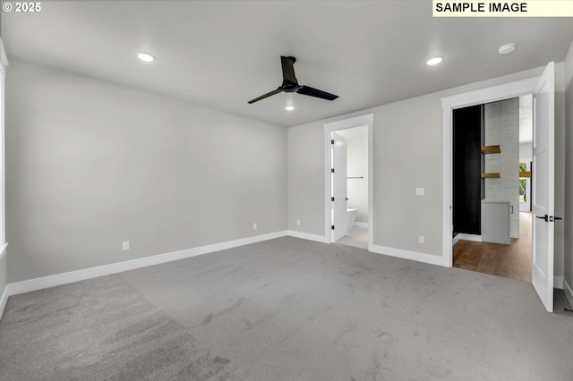 unfurnished bedroom with light carpet, connected bathroom, and ceiling fan