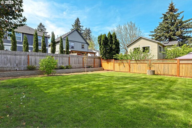 view of yard with a fenced backyard and a residential view