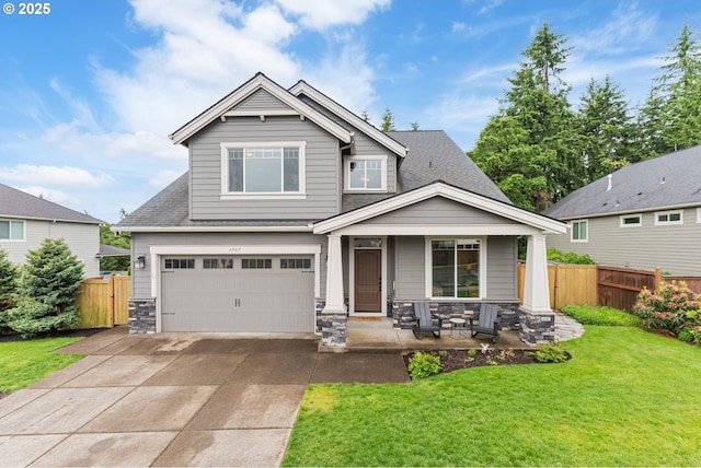 3507 Summit Sky Blvd, Eugene, OR 97405 - craftsman-style house with a porch, a shingled roof, driveway, stone siding, and a garage