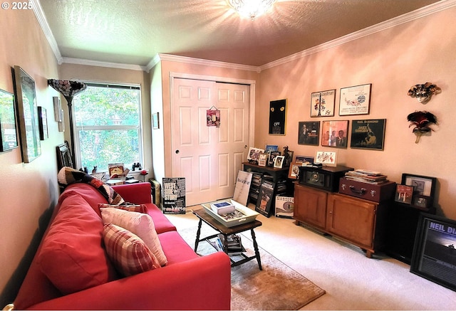 living area featuring light carpet, a textured ceiling, and ornamental molding