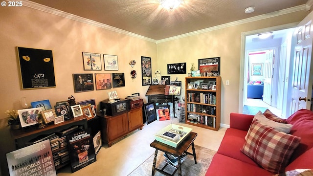 living room featuring crown molding, light carpet, and baseboards