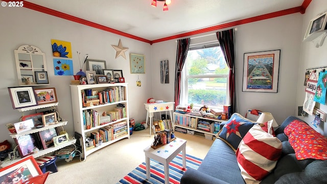 game room with crown molding and carpet floors