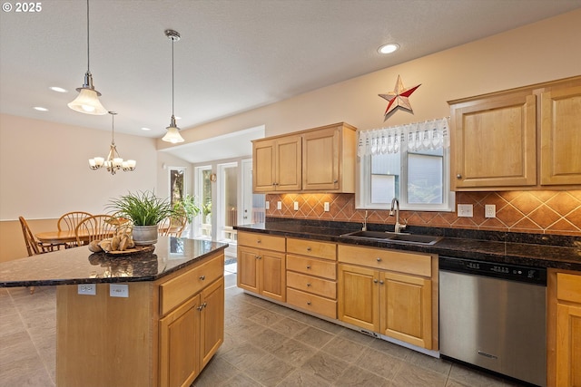 5220 SW Neal Ave, Waldport, OR 97394 - kitchen featuring dishwasher, a sink, tasteful backsplash, recessed lighting, and pendant lighting
