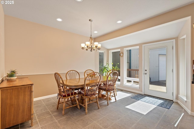 5220 SW Neal Ave, Waldport, OR 97394 - tiled dining room featuring a chandelier, recessed lighting, and baseboards