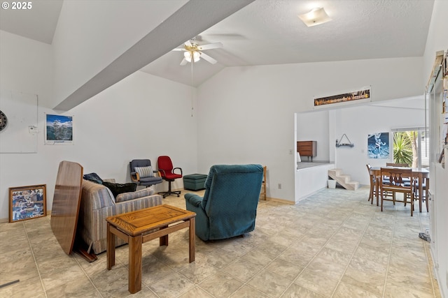 5220 SW Neal Ave, Waldport, OR 97394 - living room with high vaulted ceiling and a ceiling fan
