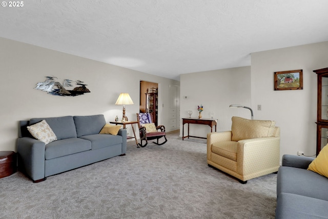 carpeted living area with a textured ceiling and baseboards