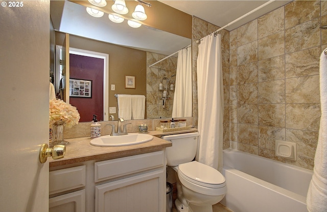 full bathroom with vanity, shower / bathtub combination with curtain, and toilet