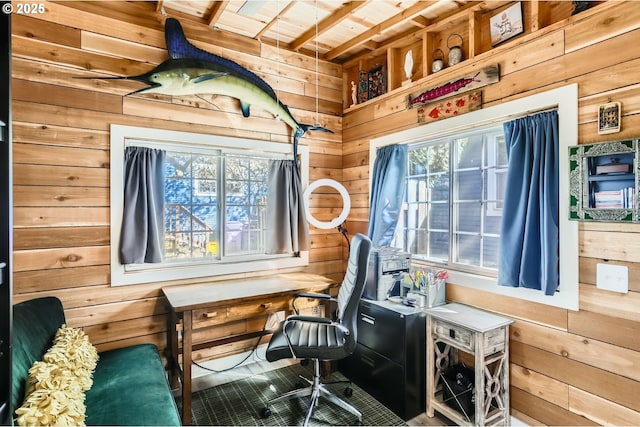 office space with wooden walls