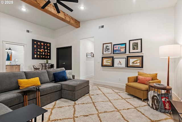 1905 2nd St, Baker City, OR 97814 - living area featuring ceiling fan, beamed ceiling, baseboards, and recessed lighting