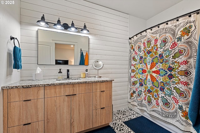 1905 2nd St, Baker City, OR 97814 - full bathroom featuring wood walls, vanity, and a shower with curtain