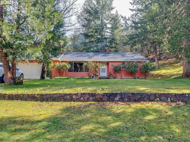 ranch-style house with a chimney and a front yard