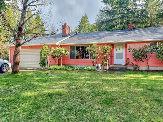 single story home with a front yard and a chimney