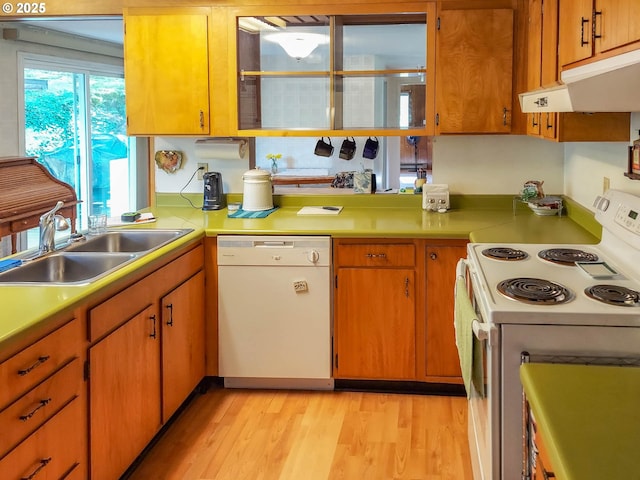 kitchen featuring light wood finished floors, under cabinet range hood, light countertops, white appliances, and a sink