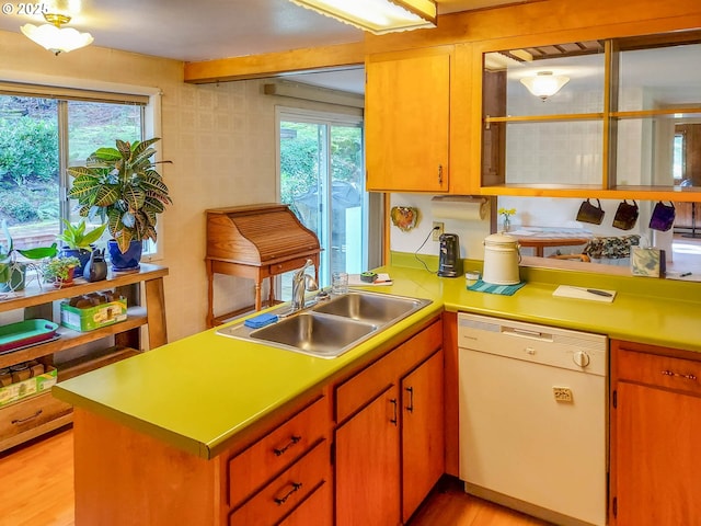 kitchen featuring light countertops, light wood-style flooring, white dishwasher, and a sink