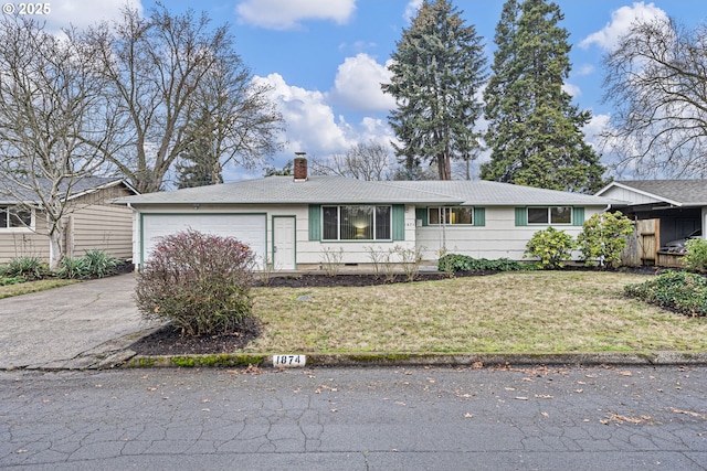 single story home with a garage and a front lawn