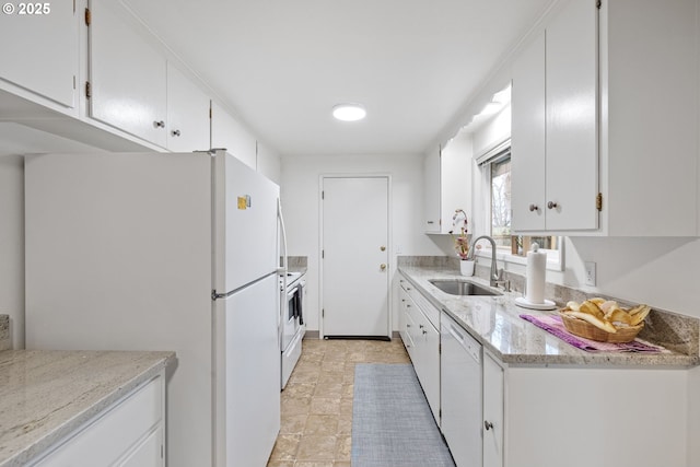 kitchen with white cabinetry, sink, white appliances, and light stone countertops