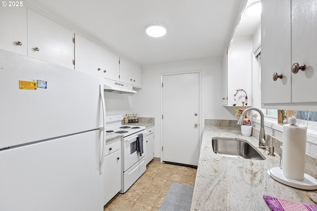 kitchen with white cabinetry, sink, and white appliances