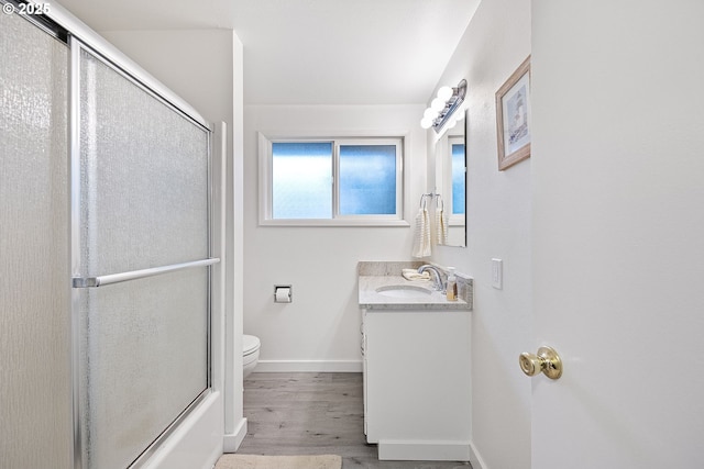 bathroom with vanity, wood-type flooring, and toilet