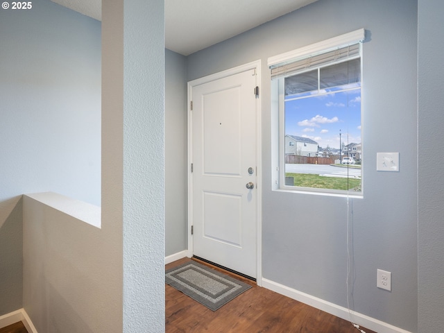 entryway with baseboards and wood finished floors