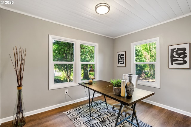 91822 Rulyville Rd, Westport, OR 97016 - office with plenty of natural light, ornamental molding, baseboards, and dark wood finished floors