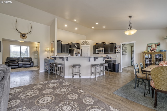 10764 Wiseacre Ln NE, Aurora, OR 97002 - kitchen with stainless steel appliances, a kitchen bar, open floor plan, light wood-style flooring, and lofted ceiling