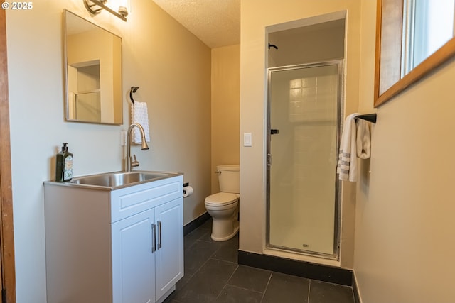 1185 NE Queens Ln, Hillsboro, OR 97124 - full bathroom with tile patterned floors, a stall shower, a textured ceiling, and toilet