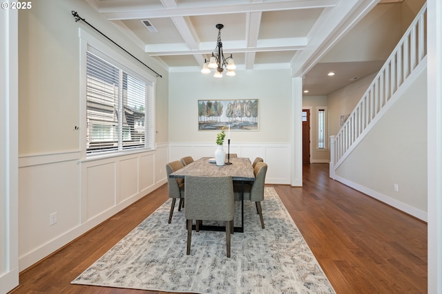 15152 NW Marie Way, Portland, OR 97229 - dining room featuring a chandelier, beamed ceiling, dark wood finished floors, coffered ceiling, and recessed lighting