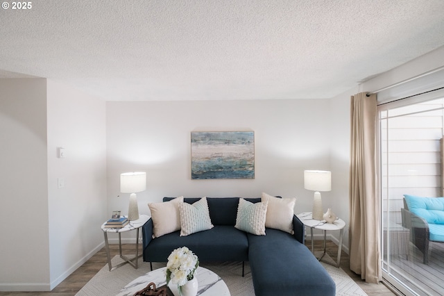 living area with baseboards, a textured ceiling, and wood finished floors