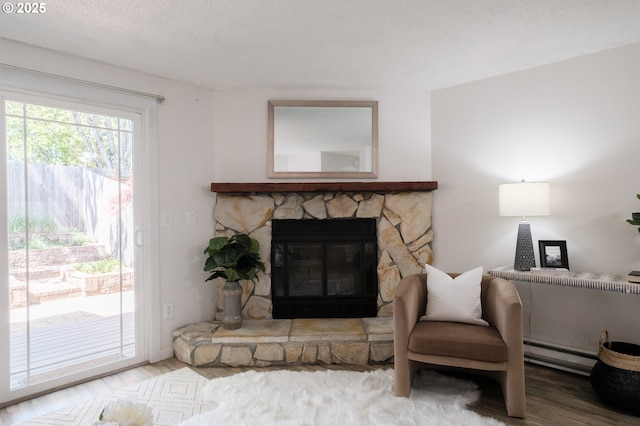 living room with a baseboard heating unit, wood finished floors, and a fireplace
