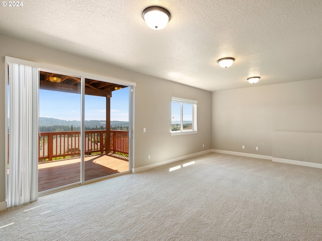 carpeted empty room with a textured ceiling and baseboards