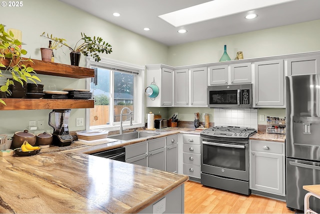 kitchen featuring sink, appliances with stainless steel finishes, a skylight, tasteful backsplash, and white cabinets