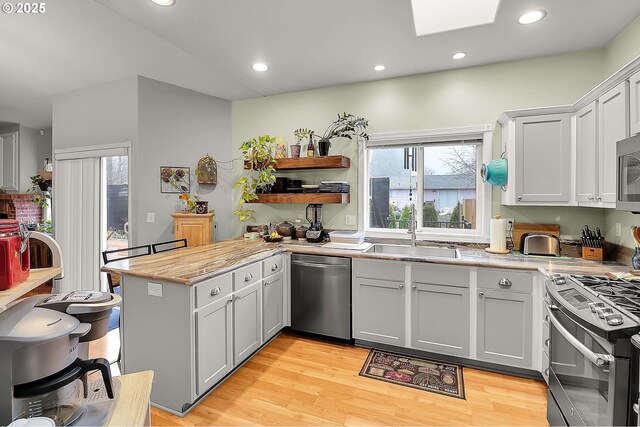 kitchen featuring a healthy amount of sunlight, stainless steel appliances, a skylight, and sink