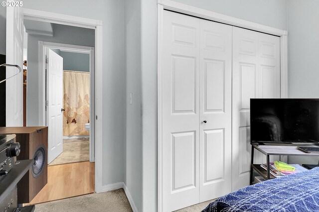 bedroom featuring light carpet and a closet