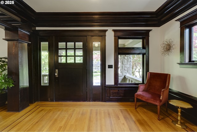 entrance foyer featuring ornamental molding and wood finished floors