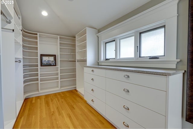 walk in closet with light wood-type flooring