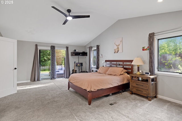 bedroom with baseboards, lofted ceiling, light carpet, and access to exterior