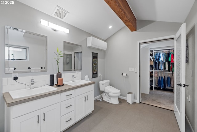 bathroom with toilet, visible vents, a sink, and a wall mounted AC