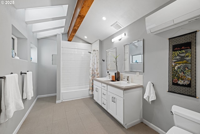 bathroom with visible vents, toilet, lofted ceiling with beams, an AC wall unit, and a sink