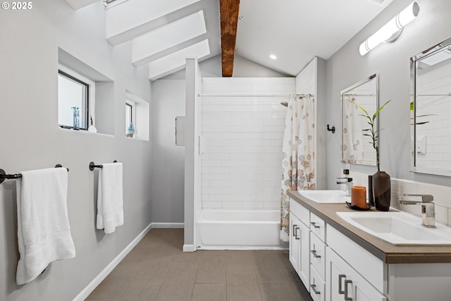 bathroom featuring double vanity, lofted ceiling with beams, shower / bathtub combination with curtain, and a sink
