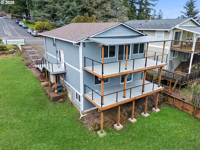 rear view of property with a yard, central air condition unit, a shingled roof, fence, and stairs