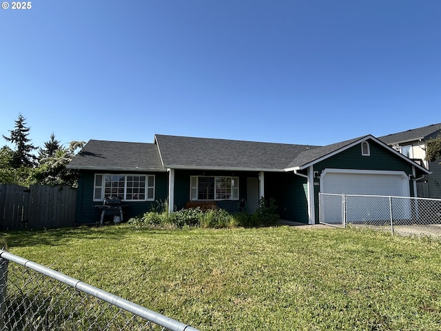 ranch-style house with an attached garage, a shingled roof, and driveway