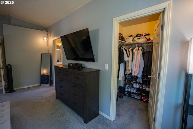 2872 Bluff Ave, Salem, OR 97302 - bedroom featuring carpet floors, a closet, vaulted ceiling, baseboards, and a spacious closet
