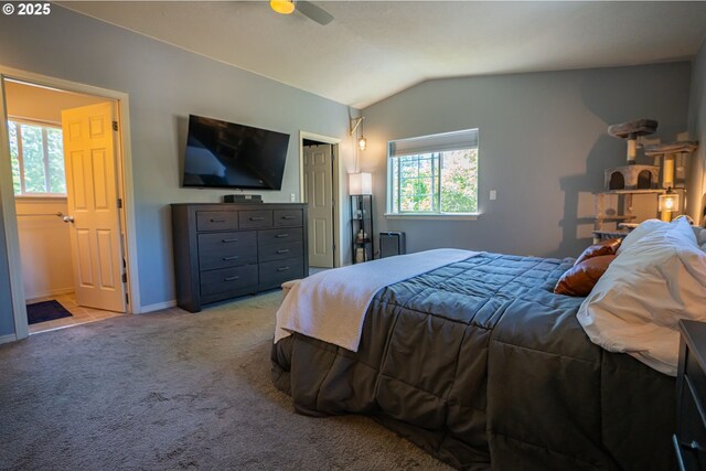 2872 Bluff Ave, Salem, OR 97302 - bedroom with lofted ceiling, light colored carpet, and ceiling fan