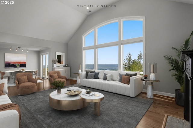 living room with a healthy amount of sunlight, baseboards, high vaulted ceiling, and wood finished floors