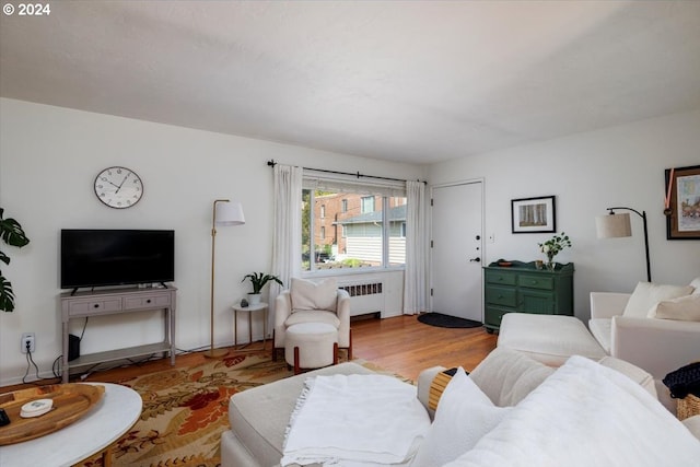 living room featuring radiator heating unit and light hardwood / wood-style flooring