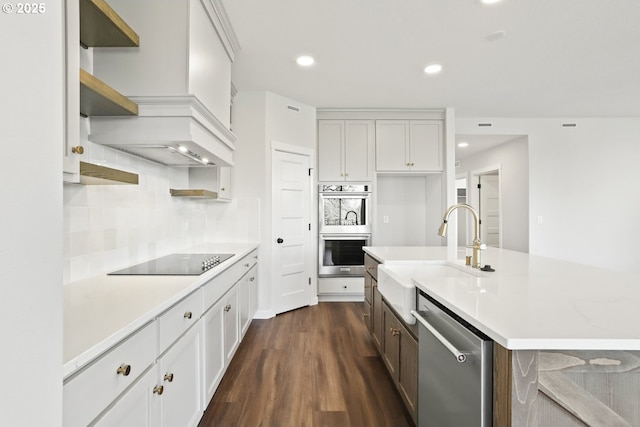kitchen with open shelves, a sink, stainless steel appliances, premium range hood, and dark wood-style floors