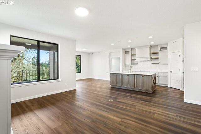kitchen with open shelves, a sink, light countertops, dark wood finished floors, and recessed lighting