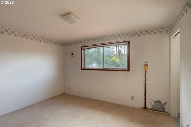 unfurnished room featuring light carpet and a textured ceiling