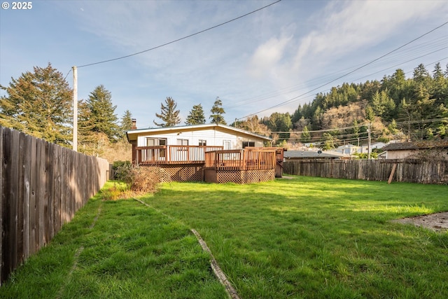 view of yard with a deck and a fenced backyard