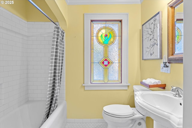 7311 SE 31st Ave, Portland, OR 97202 - bathroom featuring tile patterned floors, ornamental molding, and shower / tub combo